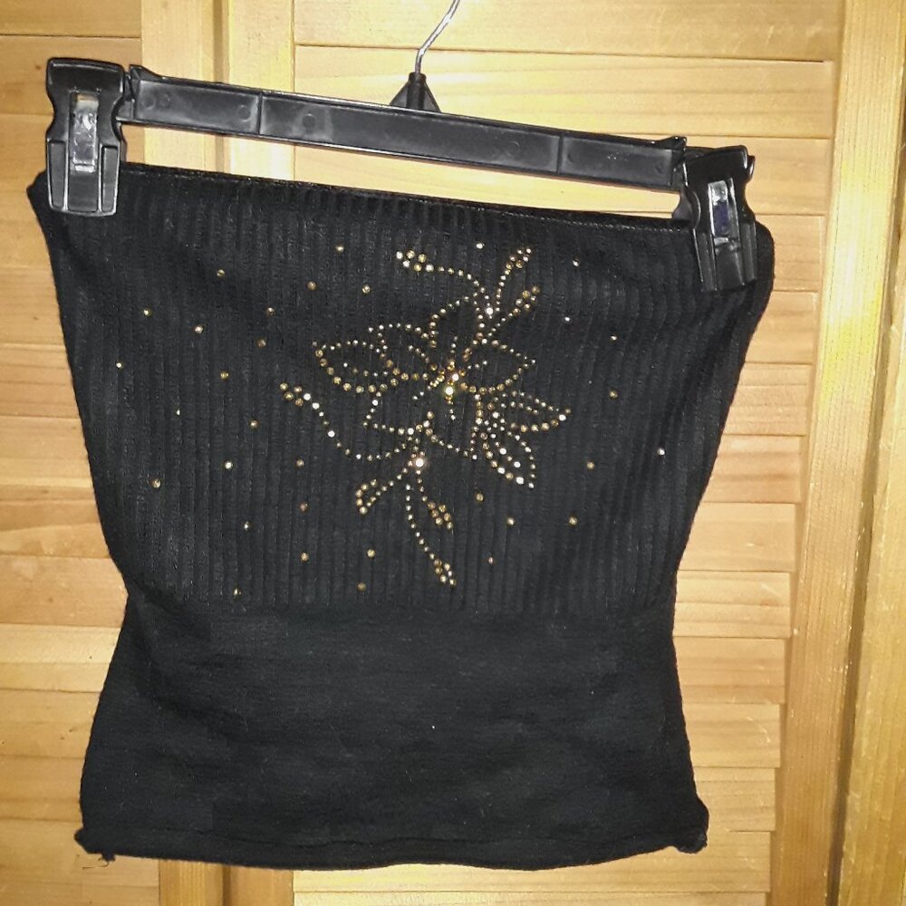 SZ SM Black Ribbed Knit Bronze Gold Beaded Flower Design Bandeau Strapless Top